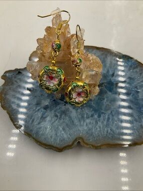 Vintage French Wire Gold Floral Cloisonné Drop Earrings - Pink & Green